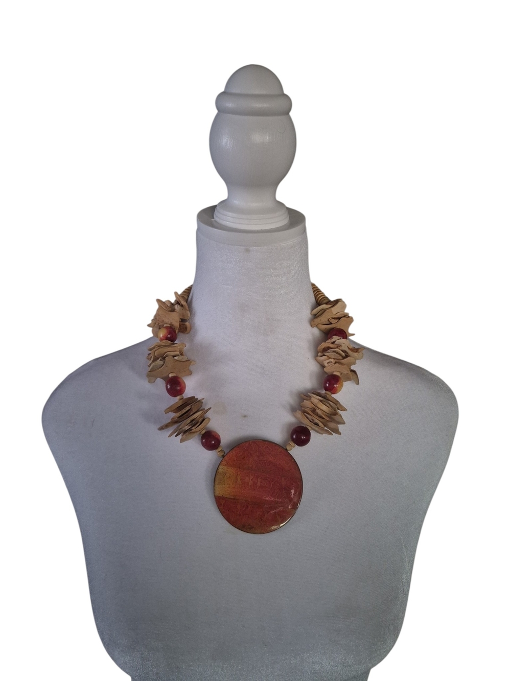 Wooden Beige and Red Wooden Disc Statement Necklace